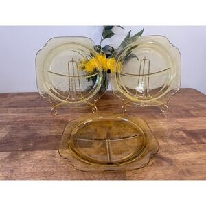 Vintage Federal Glass Madrid Amber Divided Relish Plates Set 3 Depression Glass